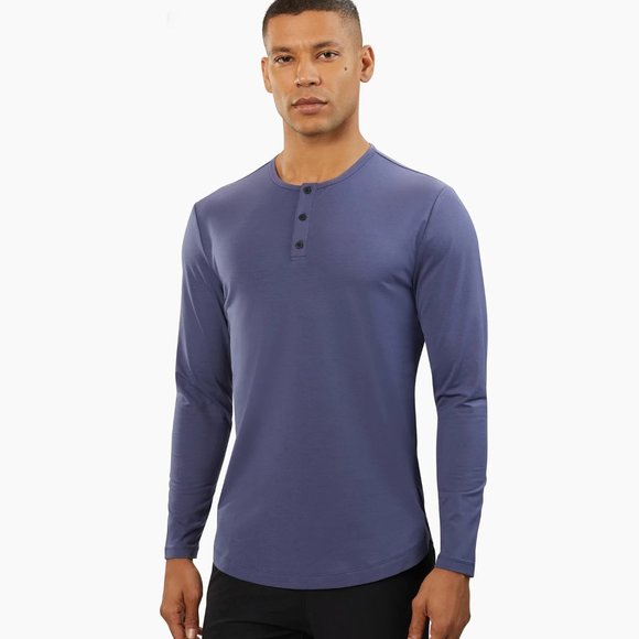 Cuts Clothing Men's Henley Curve Hem Signature Fit Long Sleeve Tee - Moonshadow - Picture 7 of 9